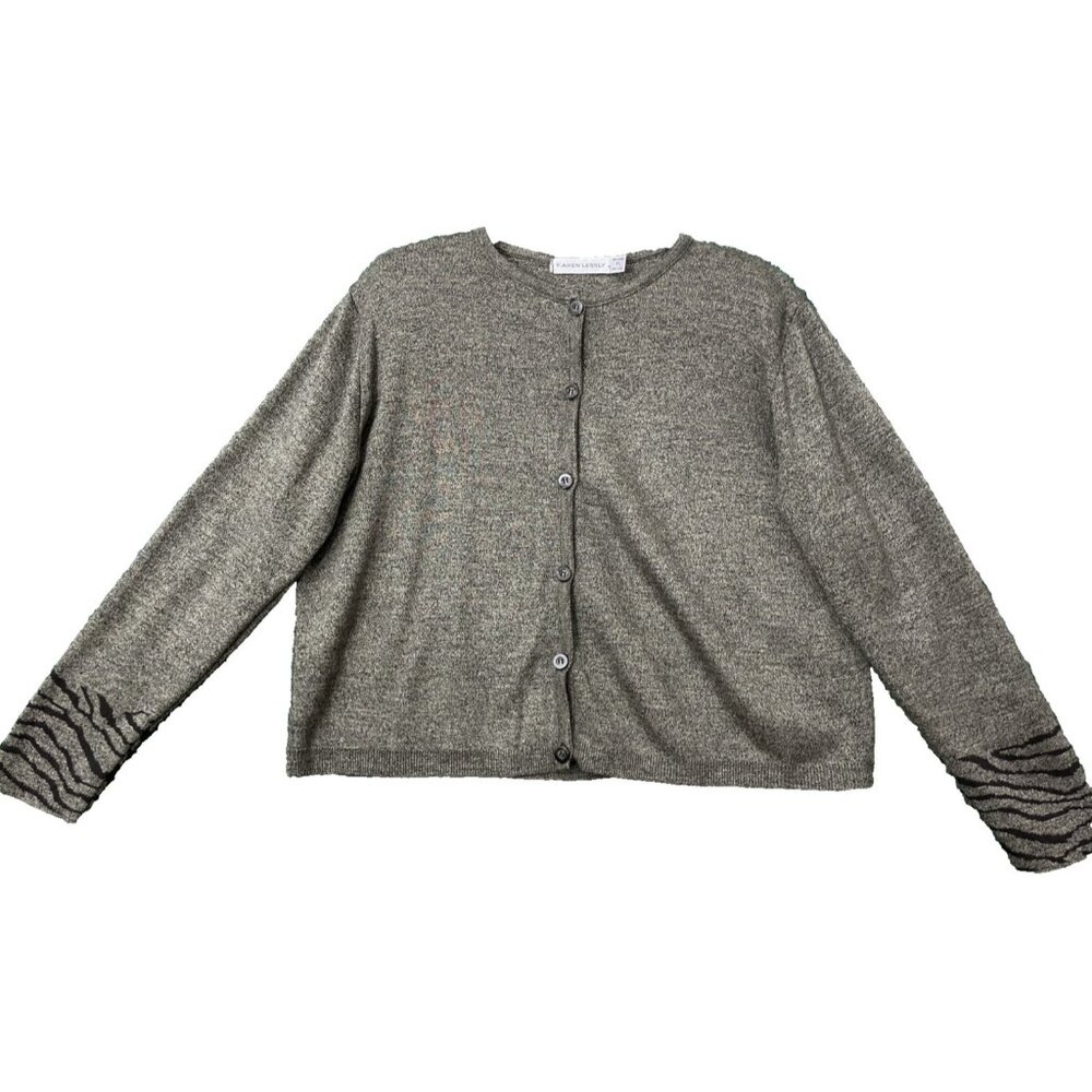 Karen Lessly Sweater Cardigan 90s Knit Button Shoulder Pads Brown Gray Size PL